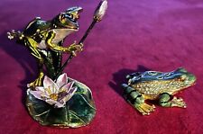 Lot Of 2 Frogs Bejeweled Green Enameled Trinket Box picture