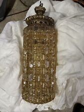 Vintage 1970s (?) Glass Pendant Light Iridescent Gold Rectangle Pattern picture