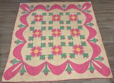 VTG Beautiful Antique Quilt Flower Floral Hand Applique Hand Quilted Heart Pink picture