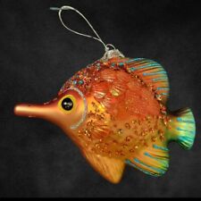 Robert Stanley Blown Glass Fish Ornament Glitter Rhinestones Coral Orange picture