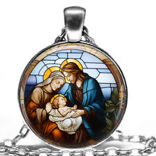 Faux Stained Glass Nativity Baby Jesus Mary & Joseph Religious Gift Necklace 24