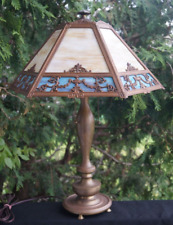 Antique 1910s Bradley Hubbard 2 Color Slag Glass Table Lamp BRONZE BASE - SIGNED picture