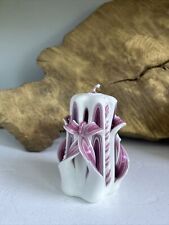 Hand Carved Ribbon Candle Purple Wax Pillar Candle Vintage 1970's Retro 4.5” picture