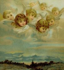 1870's-80's Victorian Christmas Trade Card Angels In Sky Looking Down &C picture