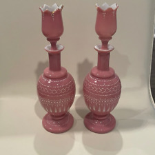 Antique 19C Opaline Victorian Pink Bristol Enameled Cologne Bottles Set of 2 picture