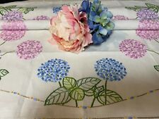 STUNNING 'FAIRISTYTCH' PASTEL HYDRANGEA  VINTAGE HAND EMBROIDERED TABLECLOTH picture