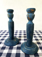 Antique Candle Holders Sticks, Primitive Pair, Blue Paint, Vintage, 9