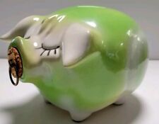 Vintage HP Co 1957 Corky Pig Ceramic Piggy Bank Cork w Metal Ring Green White picture