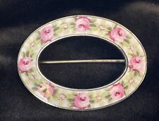 ANTIQUE VICTORIAN ENAMEL PAINTED FLORAL BROOCH PIN C CLASP BRASS OVAL🌺🌺 picture