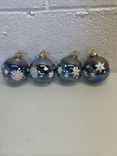 4 Ombré Glass Christmas Ornament Balls Purple Blue Snowflake Iridescent Retro picture