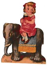 Vintage 1930s Valentine Card Die Cut Germany Girl Riding Elephant “Loving Greet” picture