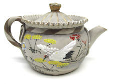 Antique Terra Cotta Chinese Tea Pot Hand Painted Bird Egret Heron Pottery picture