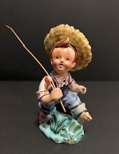 1940s Lefton Boy w Straw Hat Fisherman Ceramic Figurine Japan picture