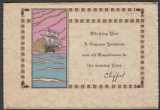 Vintage ARt Deco STyle Christmas Happy NewYear Goldtone Card 20-30s Sailing Ship picture