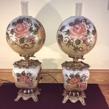 Beautiful Matching Pair Vtg Pink Peach Cabbage Roses GWTW Table Stand Lamps picture