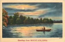 Mount Ayr Iowa~Man In Rowboat~Full Moon Reflects on Calm Lake~1940s Linen PC picture