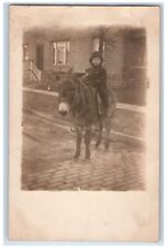 c1905 Candid Child Boy Hat Mule Saddle RPPC Photo Unposted Postcard picture