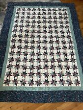 Vintage Tiny Stars Quilt Cotton Blues Green Teal Pieced  Hand Quilting 82”X62” picture
