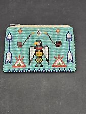 VTG HAND BEADED LEATHER NATIVE AMERICAN THUNDERBIRD COIN PURSE ZIPPER BLACK 3x4 picture
