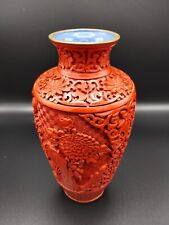 Vintage Oriental Red Cinnabar and Blue Enamel Carved Vase Unmarked picture