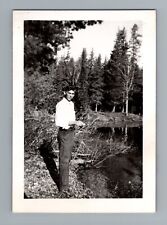 Vintage 1940s Young Man Outdoors Forest Black & White 2.5x3.5 picture