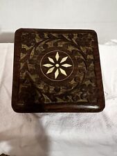 Vintage Hand Carved Wood Jewelry Trinket Tobacco Box with Flower Inlay.  picture