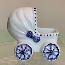 Vintage Baby Buggy Ceramic Planter Stroller Pram Hand Painted Newborn Boy Gift picture