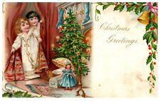 Children Boy Girl Christmas Morning Candles Tree Antique Postcard c.1905 Writing picture