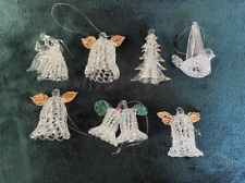 VINTAGE Hand Spun Glass BELLS  Bird  TREE Ornaments Gold Trim Lot of 7 picture
