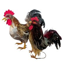 2 Boho Realistic Roosters Real Feathers Bird Decoration for Farmhouse Folk Art picture