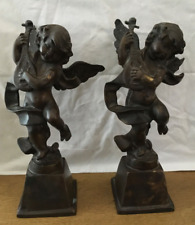 Vintage Pair of Bronze  Angel Cherubs Playing Musical Instruments 11.5” Tall picture