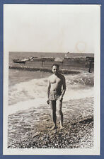 Shirtless guy on beach, bare torso, bulge, men's legs, Soviet Vintage photo USSR picture