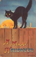 1915 antique HALLOWEEN postcard signed CLAPSADDLE    BLACK CAT ON FENCE picture