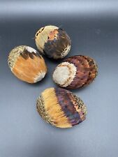 Pheasant Feather Covered Eggs Vintage Brown Multicolor Set Of 4 picture