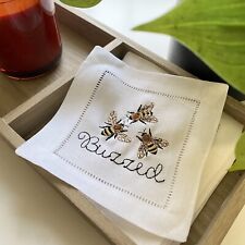 “Buzzed” Embroidered Linen Hemstitch Cocktail Napkins - Set of 4 picture