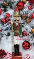 Large 23 Inch Wooden Nutcracker Green Sequin Gold Crown Royal King New picture