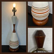 Vtg MCM Ceramic Walnut Wood Bowling Pin Table Lamp w/Original Top Finial 1960s picture