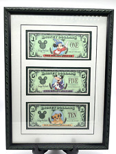 3 Disney Dollars, CA location, Low Number, $1,$5, $10, Professionally framed picture