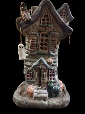 Vtg Halloween Handpainted Tall Haunted House Tea Light Candle Holder Luminary picture