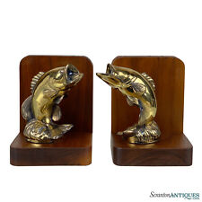 Vintage Traditional Walnut Trophy Bass Fishing Library Bookends - A Pair picture