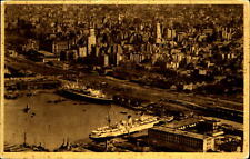 Steamships in port of Buenos Aires Argentina ~sepia aerial view vintage postcard picture