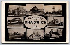 Chadwich School~CB&Q Railroad Depot~Water Tower~Hotel~Hope Evan Church RPPC 1910 picture