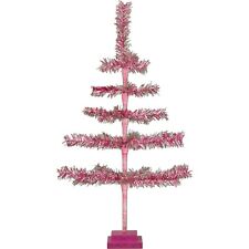 28in Tall Vintage Pink and Silver Tinsel Christmas Tree, Wood Stand Included picture