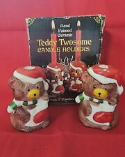 Vintage 1987 TEDDY Twosome Hand Painted Ceramic Candle Holders Christmas Cute picture