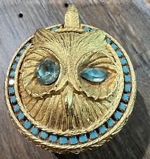 RARE Owl Gold Metal Blue Rhinestone Eyes Embellished Salt Cellar w/Tiny Tongs picture