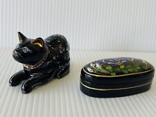 Vintage Beautiful Hand Painted Lacquered Cat And Trinket Box picture