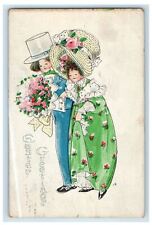 1911 Easter Greetings Old Man Woman Flowers Bouquet Embossed Antique Postcard picture