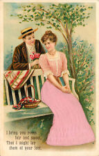 Embossed Silk Applique Postcard Romance Couple Woman on Bench Pink Skirt 1342 picture