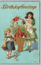 Birthday Greetings Victorian Girls with Basket of Flowers Postcard picture