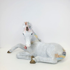 Vintage Unicorn Foal Ceramic White Rainbow Sparkling Sitting Figure Signed 14x8